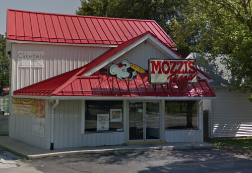 Mozzi's Pizza New Palestine storefront — small red building on W Main St